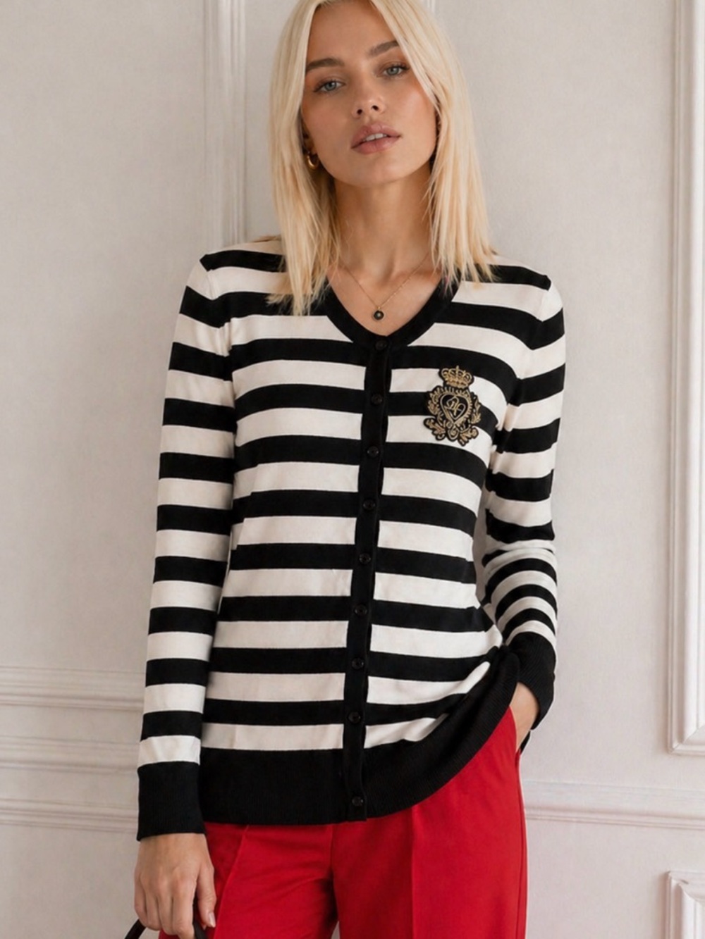 Dolce & Gabbana Striped Cashmere Button Sweater w/ gold crest embroidery